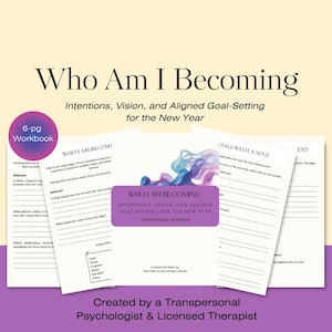 Puede incluir: Un cuaderno de trabajo titulado "Who Am I Becoming" con el subtítulo "Intenciones, Visión y Establecimiento de Objetivos Alineados para el Año Nuevo". La portada es morada con texto blanco y un diseño de acuarela. El cuaderno tiene 6 páginas.