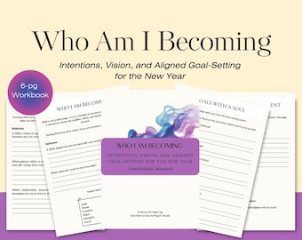 Puede incluir: Un cuaderno de trabajo titulado "Who Am I Becoming" con el subtítulo "Intenciones, Visión y Establecimiento de Objetivos Alineados para el Año Nuevo". La portada es morada con texto blanco y un diseño de acuarela. El cuaderno tiene 6 páginas.
