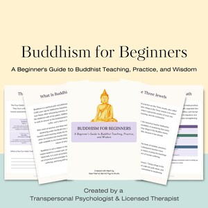May include: A stack of printed pages titled "Buddhism for Beginners: A Beginner's Guide to Buddhist Teaching, Practice, and Wisdom." The cover features a golden Buddha illustration. The pages discuss Buddhist teachings and practices.