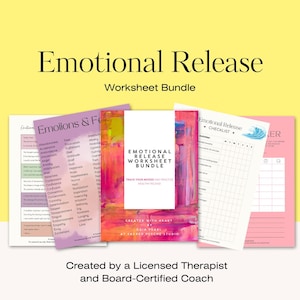 Op de afbeelding: Een bundel werkbladen voor emotionele release met de titel "Emotional Release Worksheet Bundle". De werkbladen bevatten checklists en aanwijzingen voor het volgen van stemmingen en het beoefenen van gezonde release. Gemaakt door een erkende therapeut en gecertificeerde coach.