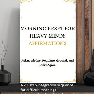 May include: A white rectangular sign with gold decorative corners featuring the black text MORNING RESET FOR HEAVY MINDS, the gold text AFFIRMATIONS, and the black text Acknowledge, Regulate, Ground, and Start Again, plus a 20-step integration sequence.