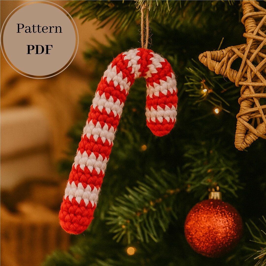 Christmas Crochet Candy cane Ornament Pattern – Xmas Tree Decoration ...