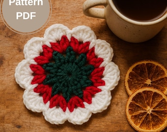 Patrón de posavasos navideño de flores de crochet (PDF) – Tutorial de decoración navideña con tapete para taza con motivos florales navideños