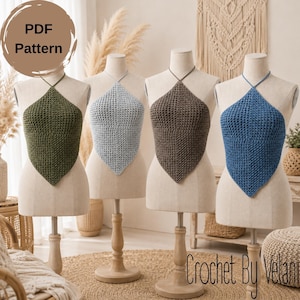 May include: Four crochet halter tops displayed on mannequins in olive green, light blue, brown, and dark blue. Each top features a pointed hem and a thin neck strap. A circular badge in the upper left corner reads PDF Pattern, and text in the lower right reads Crochet By Velani.