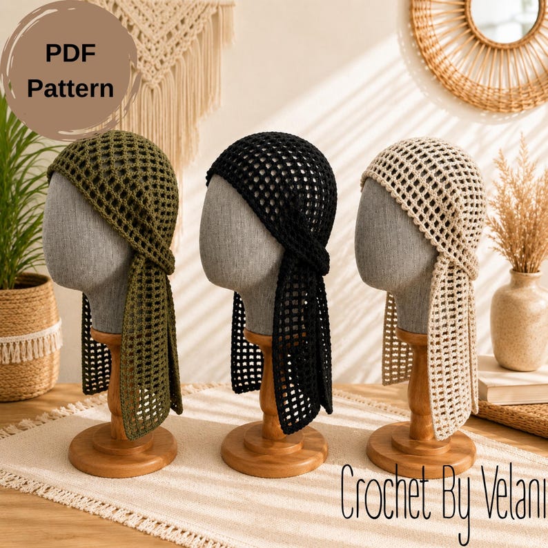 May include: Three crochet headscarves in olive green, black, and beige, each featuring an open mesh pattern and long side ties. The items are displayed on three gray mannequin heads. The image includes the text PDF Pattern and Crochet By Velani.