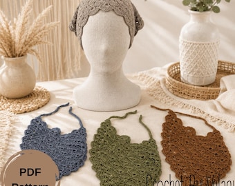 Scalloped Crochet Bandana PDF Pattern, Boho Lace Hair Kerchief Tutorial, Tie Back Summer Head Scarf, Video Included, Instant Download