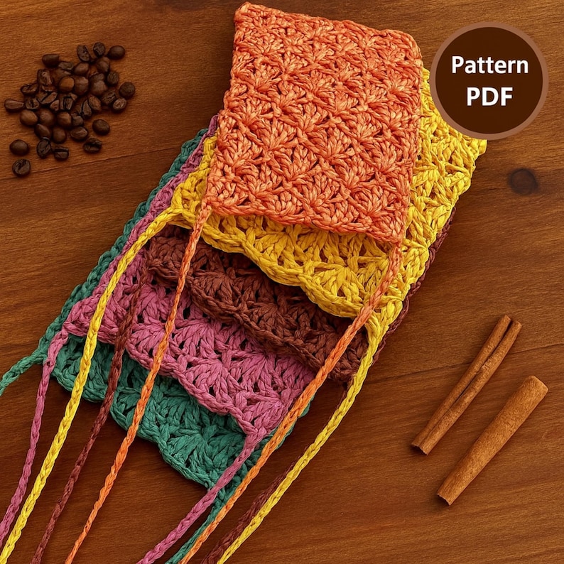 K&ouml;nnte beinhalten: Ein Stapel bunter H&auml;keltaschen in Orange, Gelb, Braun, Rosa und Gr&uuml;n, jede mit passendem Kordelzug. Das Bild enth&auml;lt Kaffeebohnen, Zimtstangen und eine runde Grafik mit der Aufschrift "Pattern PDF".