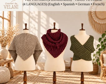 Crochet Sweater Scarf Pattern PDF | 3-in-1 Convertible Wrap Shrug Shawl | Ribbed Cozy Winter Scarf | Video Tutorial | US Terms