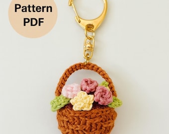 Crochet Keychain Pattern PDF – Mini Flower Basket Bouquet Bag Charm, Instant Download