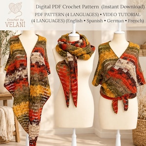 May include: A digital PDF crochet pattern by Crochet by VELANI featuring a video tutorial in four languages. The image displays three mannequins wearing crocheted garments in a variegated yarn of orange, yellow, brown, and cream colors.