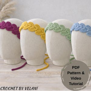May include: Four crochet headbands in purple, yellow, green, and blue displayed on mannequin heads. Each headband features a scalloped design. The image includes the text "PDF Pattern & Video Tutorial" and "CROCHET BY VELANI".