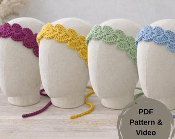 Crochet Headband Pattern PDF, Scalloped Tie Headwrap, Adjustable Summer Hairband