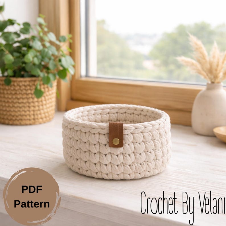 May include: Cream-colored, crocheted basket with a brown leather accent and a gold-colored button. The basket is round and sits on a white surface. The text "PDF Pattern" is in a brown circle, and "Crochet By Velani" is written in black.