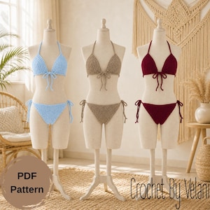 May include: Three crochet bikini sets in light blue, tan, and burgundy displayed on mannequins. Each set includes a triangle top and tie-side bottoms. The text "PDF Pattern" and "Crochet By Velani" are visible.