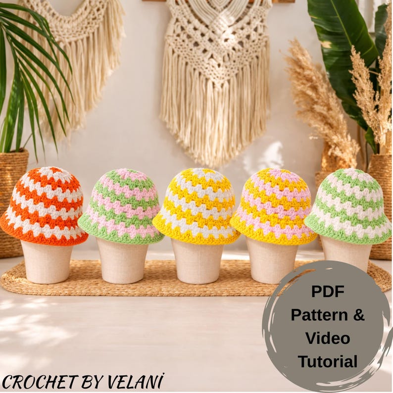 Crochet Bucket Hat Pattern PDF, Summer Sunhat, Striped Granny Stitch ...