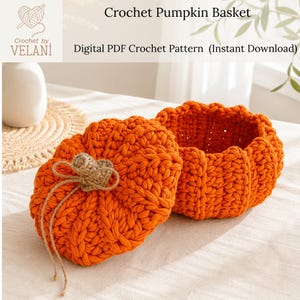 May include: A bright orange crochet pumpkin basket with a matching lid and a small brown stem. The text Crochet Pumpkin Basket and Digital PDF Crochet Pattern (Instant Download) by Crochet by VELANI is visible at the top of the image.