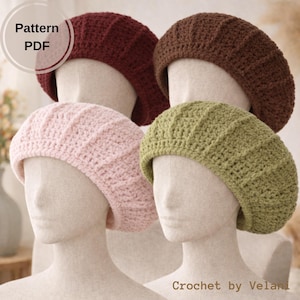 May include: Four crochet berets in shades of burgundy, brown, pink, and green are displayed on mannequin heads. The berets have a ribbed texture and are labeled "Pattern PDF" and "Crochet by Velani".