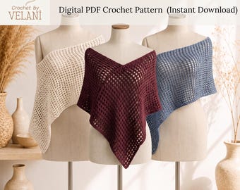 Crochet Mesh Poncho PDF Pattern, Summer Beach Cover Up Tutorial, Boho Off Shoulder Wrap Top,DIY Clothing Digital PDF