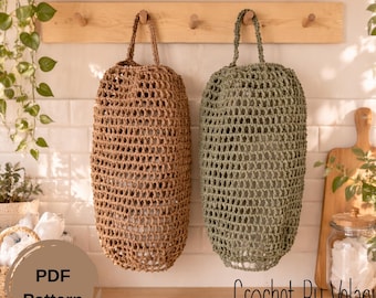 Gehäkelte Plastiktütenhalter Muster PDF + Video Tutorial, Häkeln Netz Einkaufstasche Spender, Boho Küchen Aufbewahrung