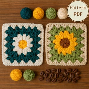 May include: Two crocheted granny squares, one with a teal and white flower, the other with a yellow and brown sunflower. Several balls of yarn in teal, yellow, green, and cream are arranged around the squares. The text "Pattern PDF" is in a circle.