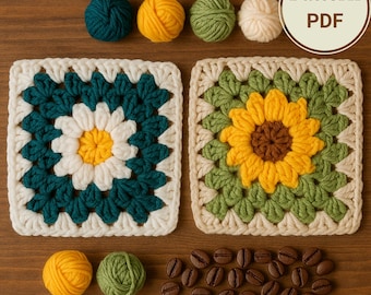 3D Daisy & Sunflower häkeln Grandma Square Muster: PDF-Anleitung