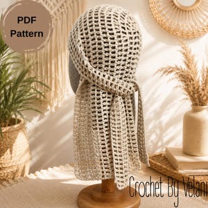 Crochet Mesh Head Scarf PDF Pattern, Boho Hair Wrap Tutorial, Summer Kerchief Bandana, Tie Back Snood, Video Included, Instant Download image 13