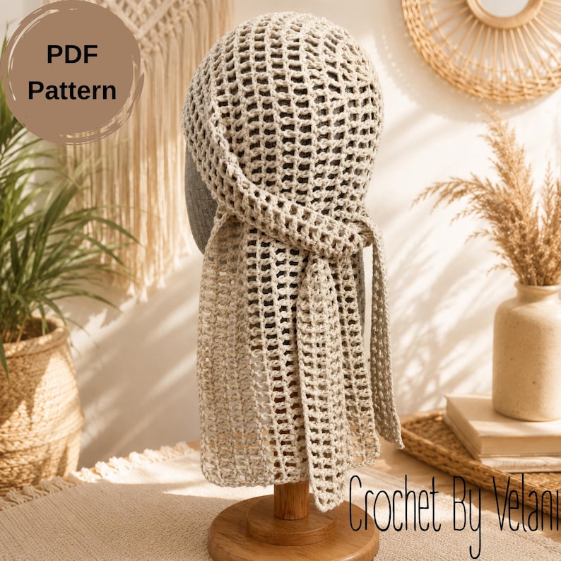 Crochet Mesh Head Scarf PDF Pattern, Boho Hair Wrap Tutorial, Summer Kerchief Bandana, Tie Back Snood, Video Included, Instant Download image 13