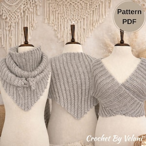 Puede incluir: Tres chales grises tejidos exhibidos en maniquíes. Los chales tienen diferentes diseños, incluyendo un cuello de cisne, una envoltura triangular y un top cruzado. La imagen incluye el texto "Pattern PDF" y "Crochet By Velani".