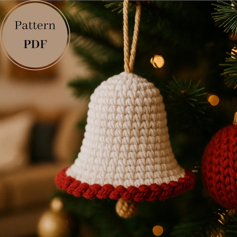 Op de afbeelding: Een handgemaakte, cr&egrave;mekleurige gehaakte kerstbelversiering met een rode rand. De bel hangt aan een natuurlijk gekleurd touwtje, tegen een vage kerstboomachtergrond. De tekst "Pattern PDF" staat in een cirkel linksboven.