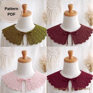 May include: Four crochet collar patterns in various colors: olive green, burgundy, light pink, and deep red. Each collar features a scalloped edge and a delicate bow at the neckline. The image includes the text "Pattern PDF" and "Crochet by Velani".