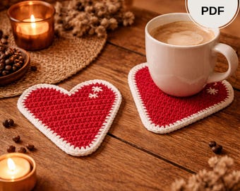 Crochet Heart Coaster Pattern PDF, Valentine’s Day Mug Rug, Coffee Coaster Tutorial, Instant Download