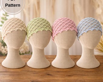 Patron PDF au crochet : bonnet en filet, bord festonné, coton DK, tutoriel vidéo