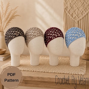 Peut inclure: Quatre bonnets crochetés, marron, beige, bordeaux et bleu clair, ornés de sequins. Les chapeaux sont présentés sur des têtes de mannequin, mettant en valeur leur motif ajouré. Le texte "PDF Pattern" et "Crochet By Velani" sont visibles.