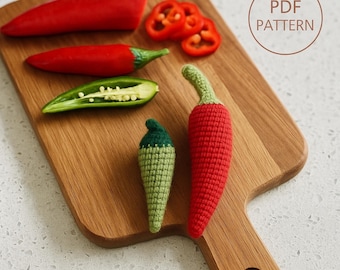 Patrón de amigurumi de chile a crochet (PDF), pimientos rojos y verdes, juguete de comida, decoración de cocina