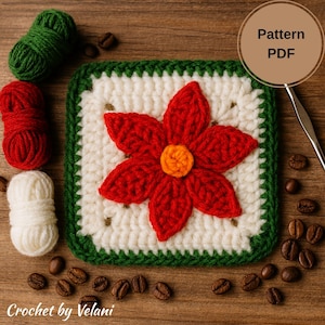 May include: A square, crocheted coaster featuring a red flower with an orange center on a white background, framed by a green border. The text "Pattern PDF" is in a circle. The text "Crochet by Velani" is at the bottom. Yarn and coffee beans are also present.