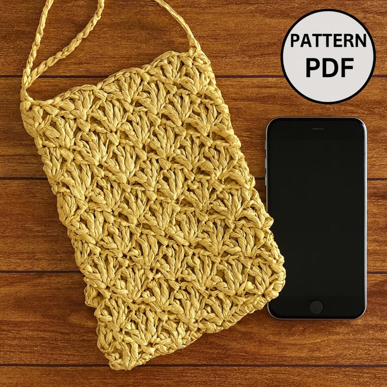 K&ouml;nnte beinhalten: Eine gewebte, hellgelbe Umh&auml;ngetasche mit detailliertem Blumenmuster, neben einem schwarzen Smartphone. Die Tasche hat einen geflochtenen Riemen und ist aus Naturfaser gefertigt. Ein wei&szlig;er Kreis mit dem Text "PATTERN PDF" befindet sich in der oberen rechten Ecke.