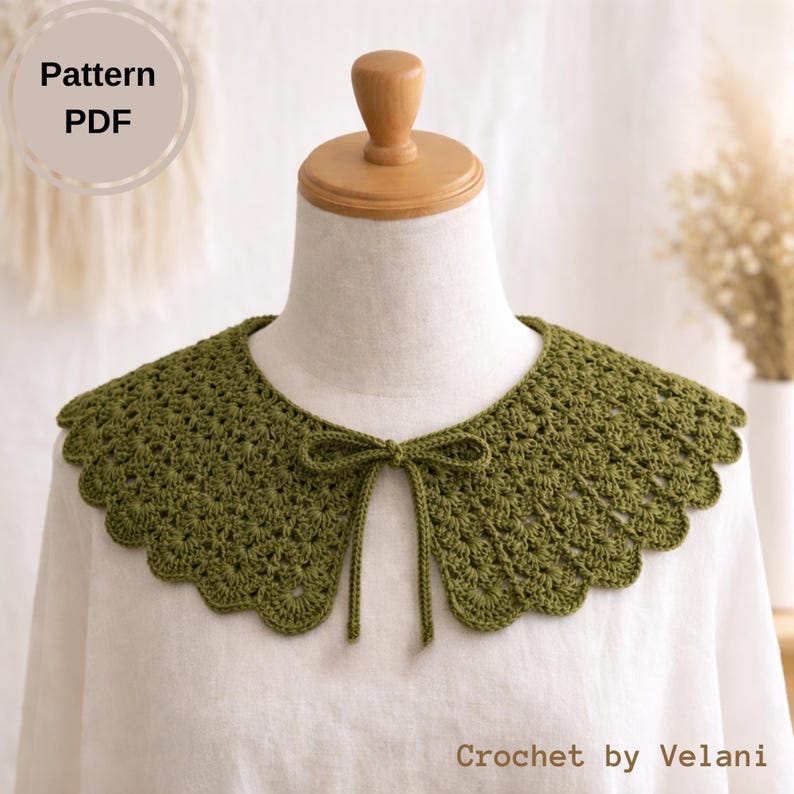 May include: Olive green crochet collar with a scalloped edge and a tie closure. The collar is displayed on a mannequin and is labeled "Pattern PDF" and "Crochet by Velani".
