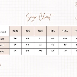 May include: A size chart with measurements in centimeters for bust, waist, and hips. Sizes range from 36/XS to 46/X. The chart includes the text "Size Chart" and the brand name "Hainni Sewing Patterns".