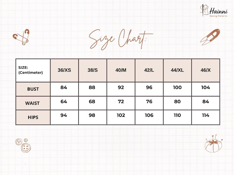 May include: A size chart with measurements in centimeters for bust, waist, and hips. Sizes range from 36/XS to 46/X. The chart includes the text "Size Chart" and the brand name "Hainni Sewing Patterns".