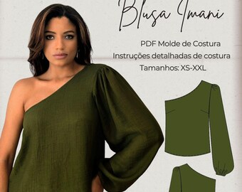 May include: An olive green one-shoulder top with a long, voluminous sleeve. The image includes a woman wearing the top and a pattern illustration. Text on the image reads "Blusa Imani" and "PDF Sewing Pattern". Sizes XS-XXL are listed.
