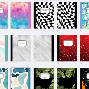 May include: A collection of notebooks with various cover designs. The covers feature geometric patterns, watercolor gradients, starry skies, and abstract shapes. Each notebook has a white label with text.