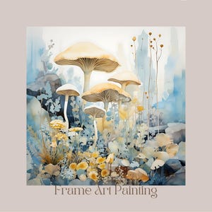 Large Mushroom Wall Art, Printable Watercolor Clip Art, Blue Yellow Image, High Resolution, 600 DPI, Instant Download, TVFWALM4