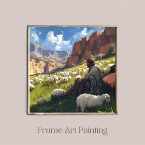 Arte de pared imprimible &quot;El pastor con el rebaño&quot;, escena pastoral rústica, pastor campestre, paisaje sereno pastoral, impresión PWAPSA