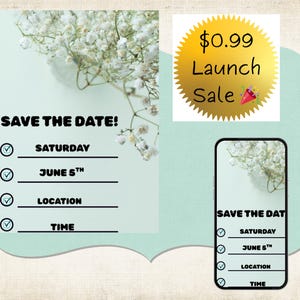 Minimalistyczny szablon zaproszenia Save the Date – edytowalny cyfrowy do pobrania – zielona kwiatowa karta ślubna z gipsówką – szablon Canva