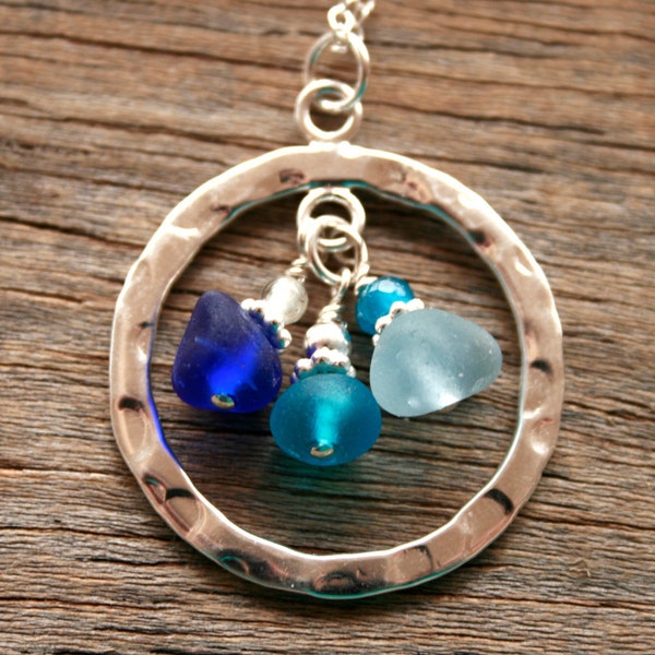 Sea Glass Jewelry Ocean Blues Necklace Aquamarine Apatite Sterling Silver