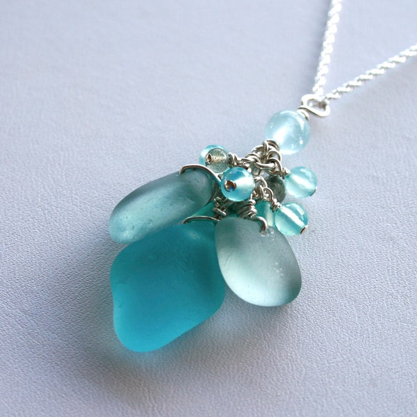 Sea Glass Jewelry Aqua Gray Charm Necklace Chalcedony Labradorite Aquamarine Sterling Silver Gift Under 50