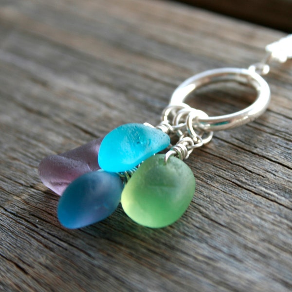 Sea Glass Jewelry Purple, Aqua, Lime and Cornflower Toggle Necklace Sterling Silver