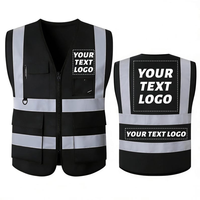 Puede incluir: Chaleco de seguridad negro con rayas plateadas reflectantes y el texto "YOUR TEXT LOGO" en blanco. Cuenta con cierre de cremallera, m&uacute;ltiples bolsillos y un anillo en D. Dise&ntilde;ado para alta visibilidad.
