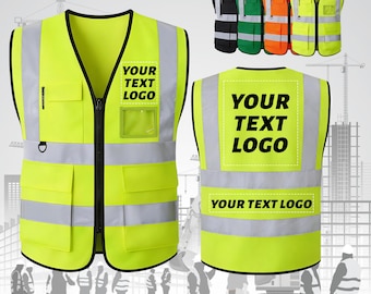 Custom Safety Vest, High Visibility Reflective Personalized Company Work Vest with Logo and Pockets for Men Women Construction Workwear Gift