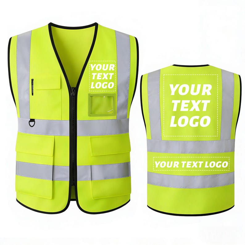 Puede incluir: Chaleco de seguridad amarillo brillante con bandas y ribetes reflectantes plateados. El chaleco tiene m&uacute;ltiples bolsillos, un porta-identificaci&oacute;n transparente y el texto "YOUR TEXT LOGO" impreso en la parte delantera y trasera. Cremallera completa.
